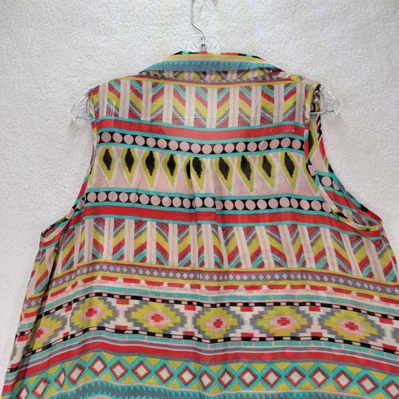 BCBGMaxazria Chiffon Collar Tribal Colorful Sheer Hi Low Western Boho Tunic Top - Picture 7 of 11